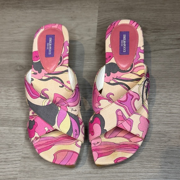 Vintage Emilio Pucci Vibrant Pink and Cream Sandals sz 37 - Picture 1 of 5
